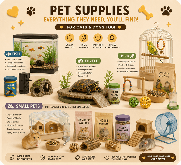 Fish tank, bird cage, and small-animal supplies together on a shelf