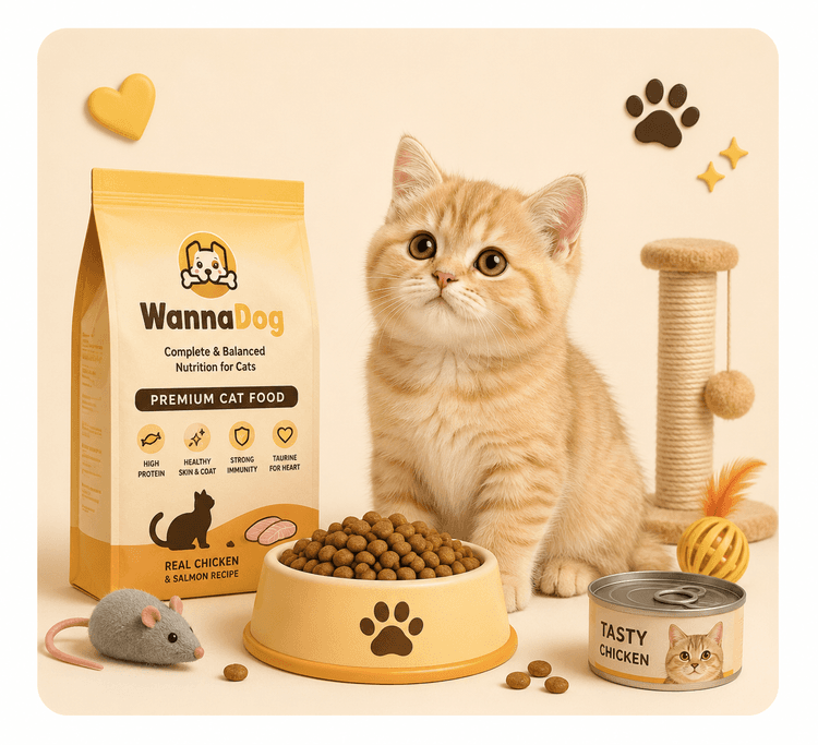 Content cat beside a bowl of protein-rich premium cat food